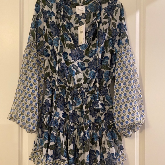 MISA V-Neck Mini Dress in Blue Motif NWT S - Picture 6 of 6